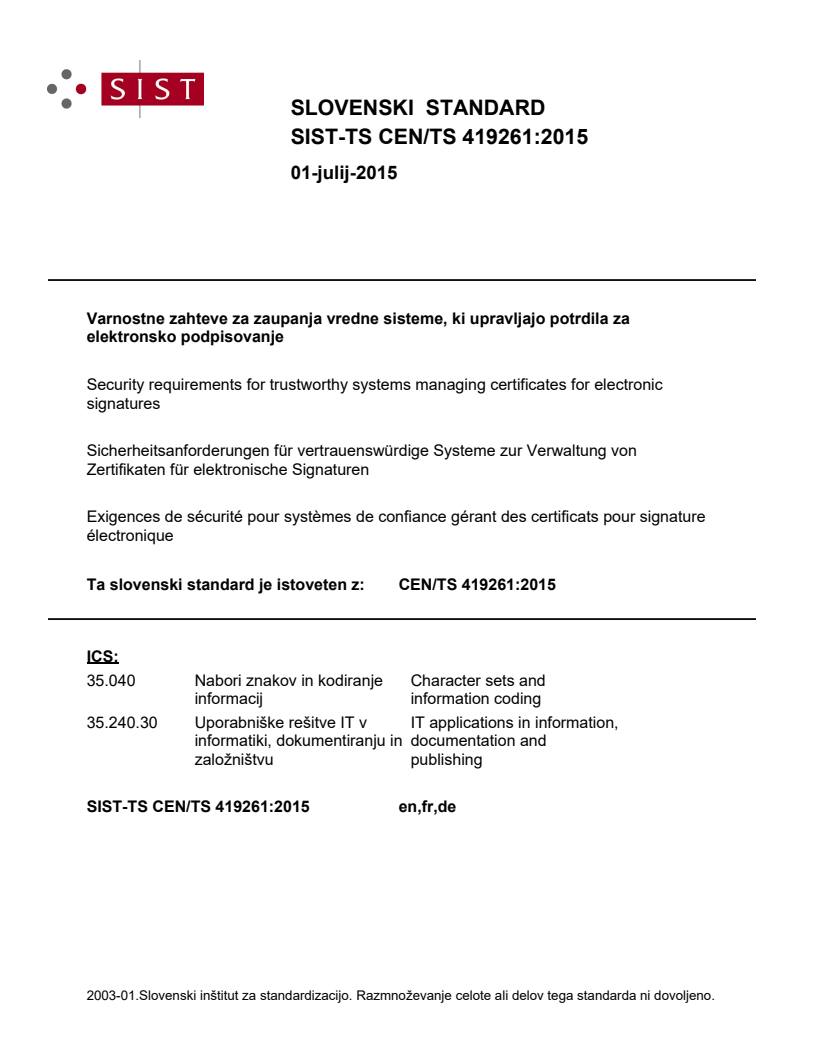CEN/TS 419261:2015 TS CEN/TS 419261:2015 - BARVE - Page 1 preview