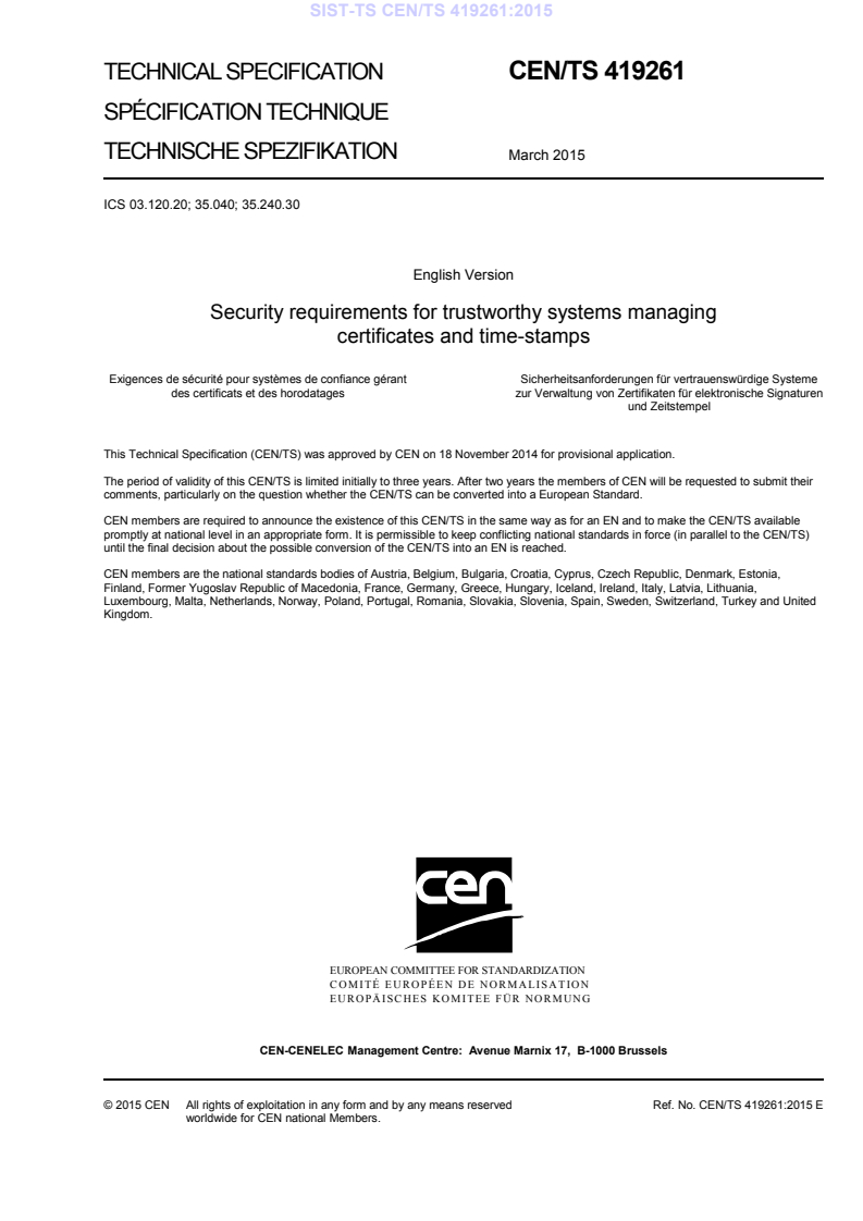 CEN/TS 419261:2015 TS CEN/TS 419261:2015 - BARVE - Page 3 preview