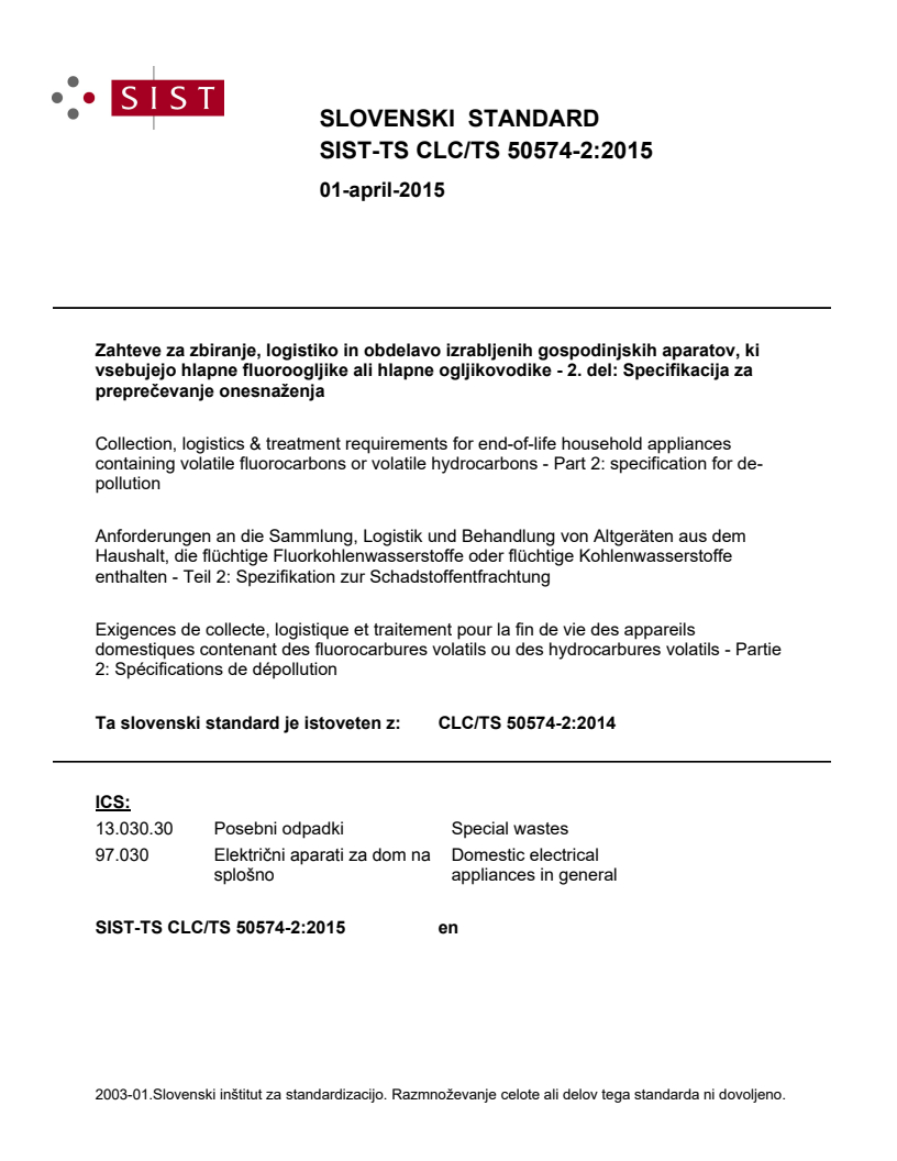 CLC/TS 50574-2:2014 TS CLC/TS 50574-2:2015 - BARVE - Page 1 preview